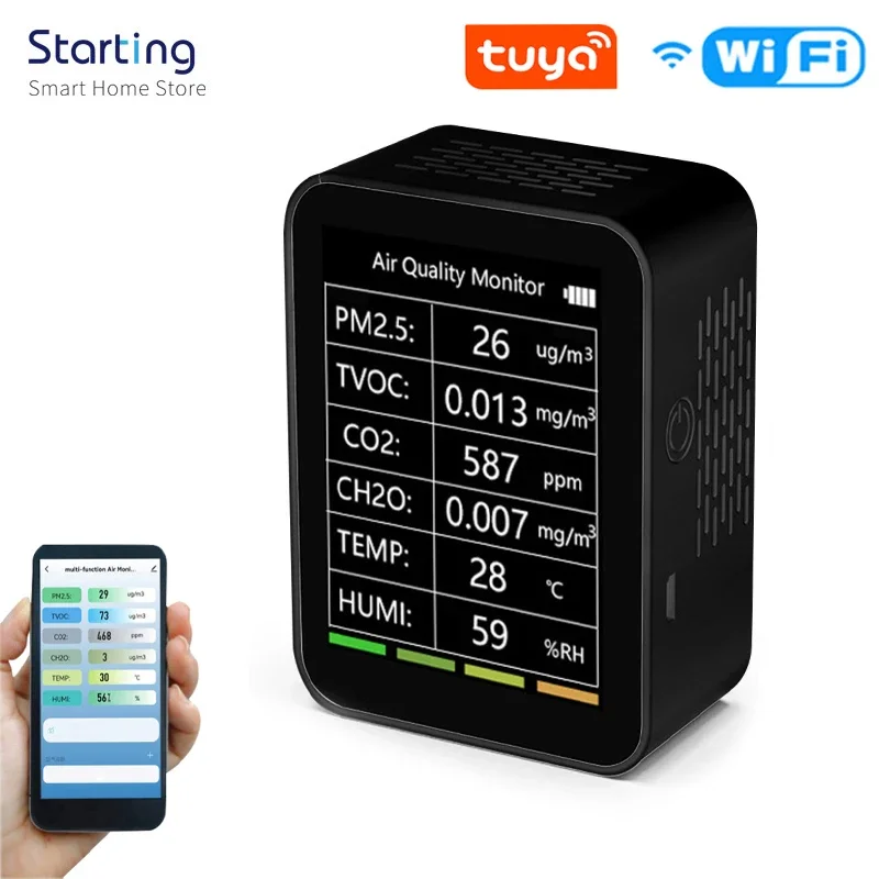 

Tuya WiFi Air Quality Detector 6 In 1 Multifunctional Intelligent Air Detector PM2.5 TVOC CO2 CH2O Temperature Humidity Detector