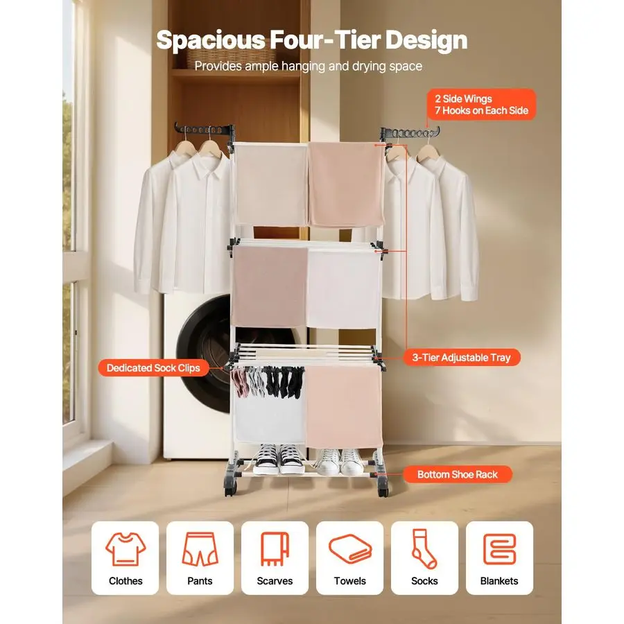 Clothes Drying Rack, 4Tier Foldable Laundry Dryer Rack, Metal Drying Racks with 24 Drying Rods, FreeStanding and Portable Hanger