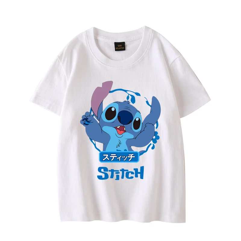 Camiseta de dibujos animados de Disney Stitch para niños, ropa cómoda y versátil de verano, 100% algodón, bonita e interesante, informal