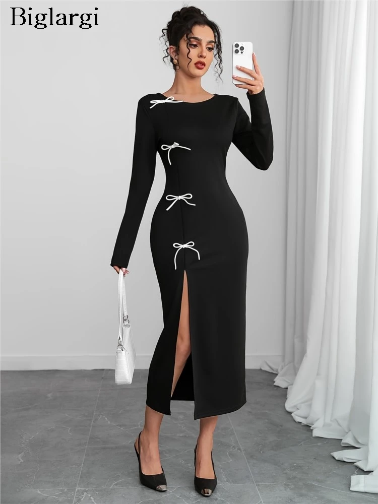 Autumn Dress Women Bow Elegant Split Sexy Fashion Ladies Dresses Bodycon Slim High Waist Woman Long Dress