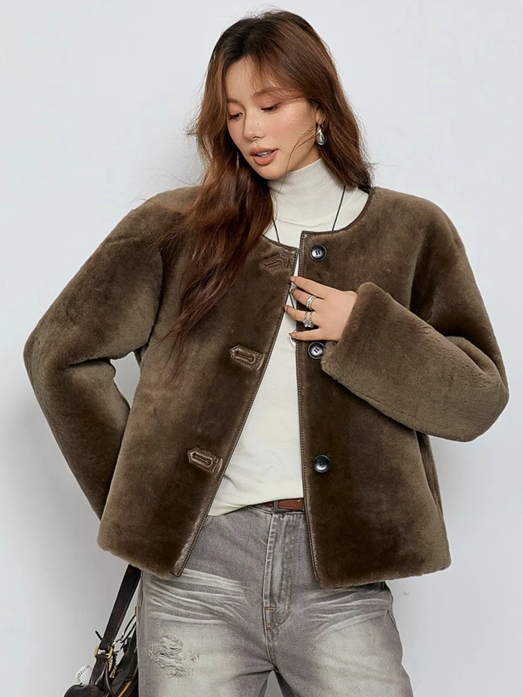 

High-end Luxury Merino Sheep Fur Shearling Jackets for Women 2026 New Simple O-neck Short Winter Genuine Leather Real Fur Coat