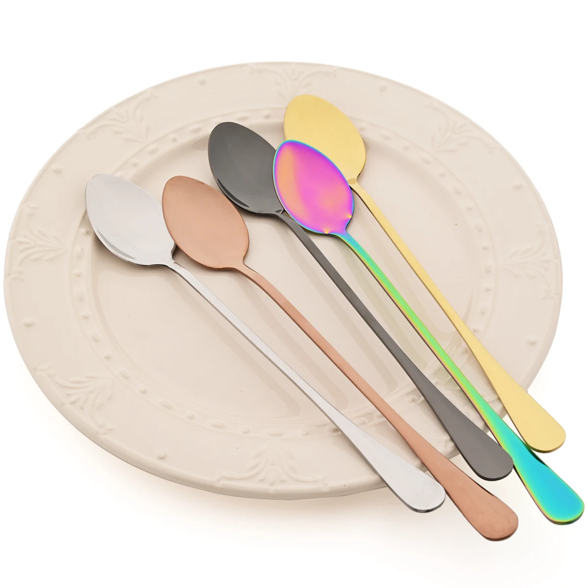 6pcs Dessert Spoon Set Stainless Steel Long Handled Silverware Set Stirring Coffee Spoon for Milk Tea Juice Milkshakes Ice Cream
