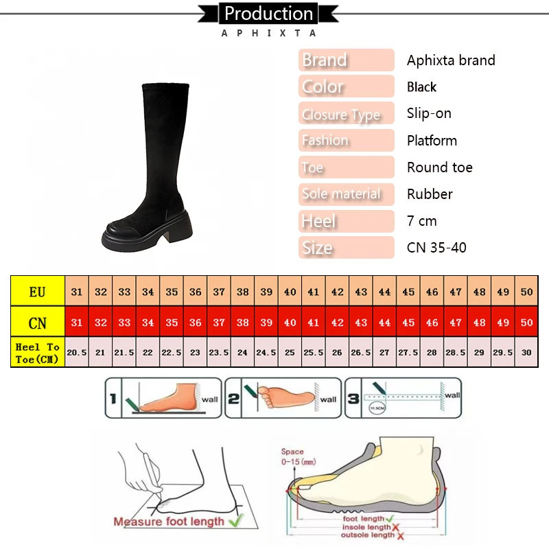 Aphixta stivali al ginocchio neri donna 7CM tacchi alti scarpe moda punta tonda calzino stivali per le donne zapatos mujer 2024 tendencia