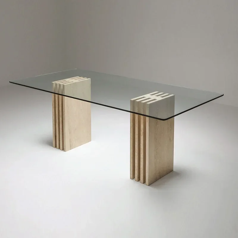 Modern minimalist natural travertine dining table, tempered glass countertop table