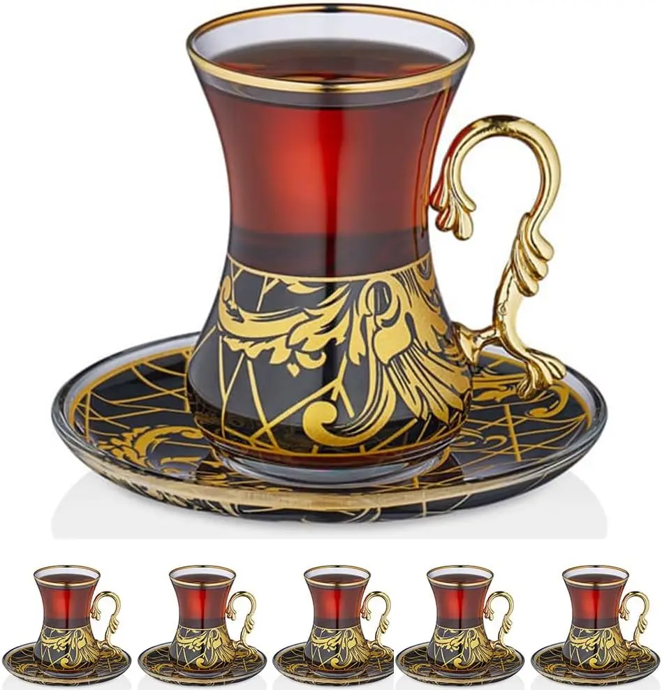 

Gold Vintage Turkish Tea Glasses Cups and Saucers Set of 6 Drinking Glassware Party Adults Fancy Serving Coffee Tray Drinks Kett