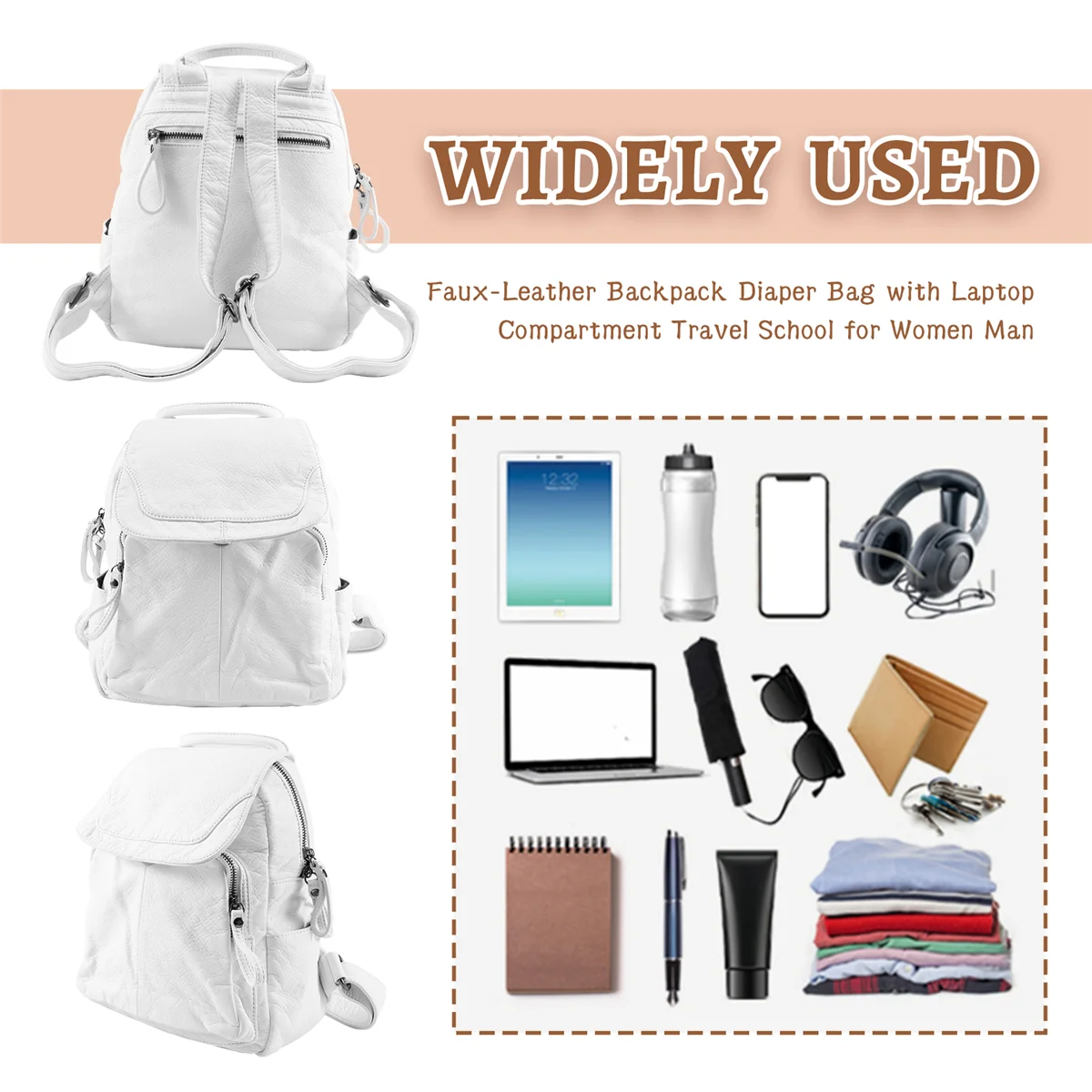 ABQR Sac d'école décontracté en cuir souple pour femme Sac à dos en cuir lavé Petit sac d'école de voyage pour fille-Blanc