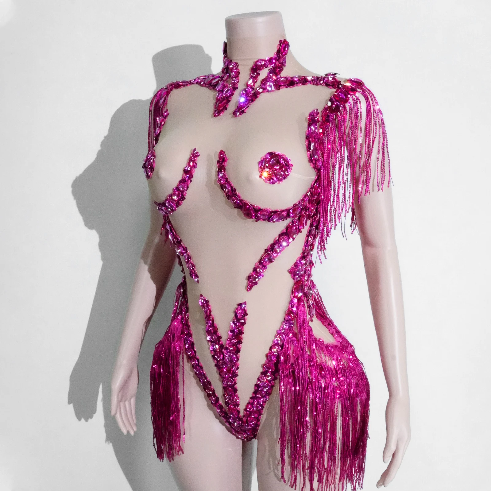 

Sexy Pink mesh see-through Fringes Bodysuit women rhinestone stage Singer performance drag queen outfits Birthday Party costumes