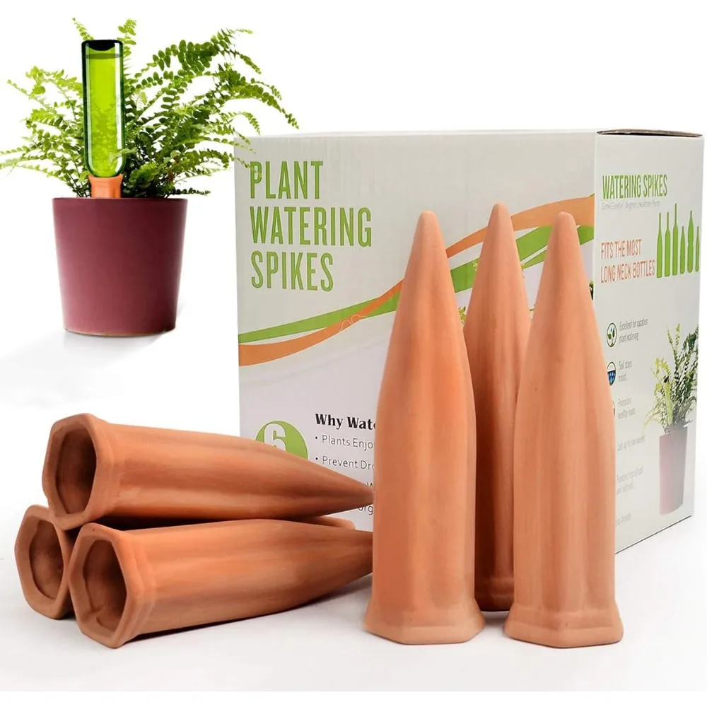 Ceramic Self Watering Spikes 6 Pack, Auto Waterer for Vacation, Terracotta Stakes Indoor/Outdoor Potted Plants, Auto-Watering Sy
