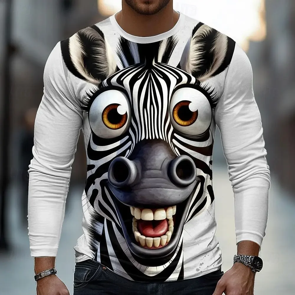 Herren Polyester Langarm-T-Shirt mit 3D-Druck, lustiger Cartoon-Zebra-Grafik mit großem Gesicht, Rundhalsausschnitt, lässige Oberteile – Detail 5