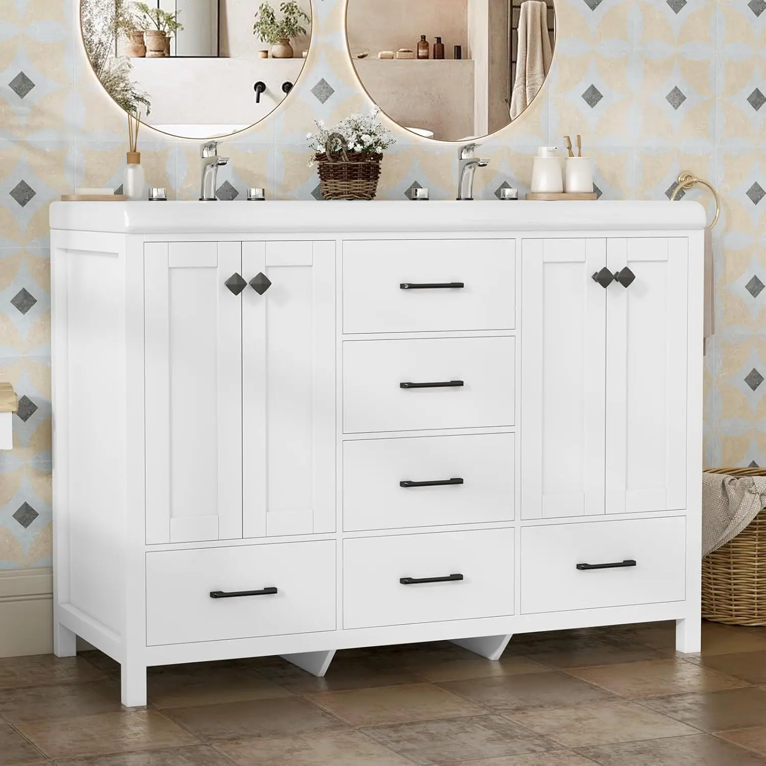 

46.7" Double Bathroom Vanity Sink Combo with 2 Cabinets & 5 Drawers, Modern White Freestanding Storage Unit, Customized