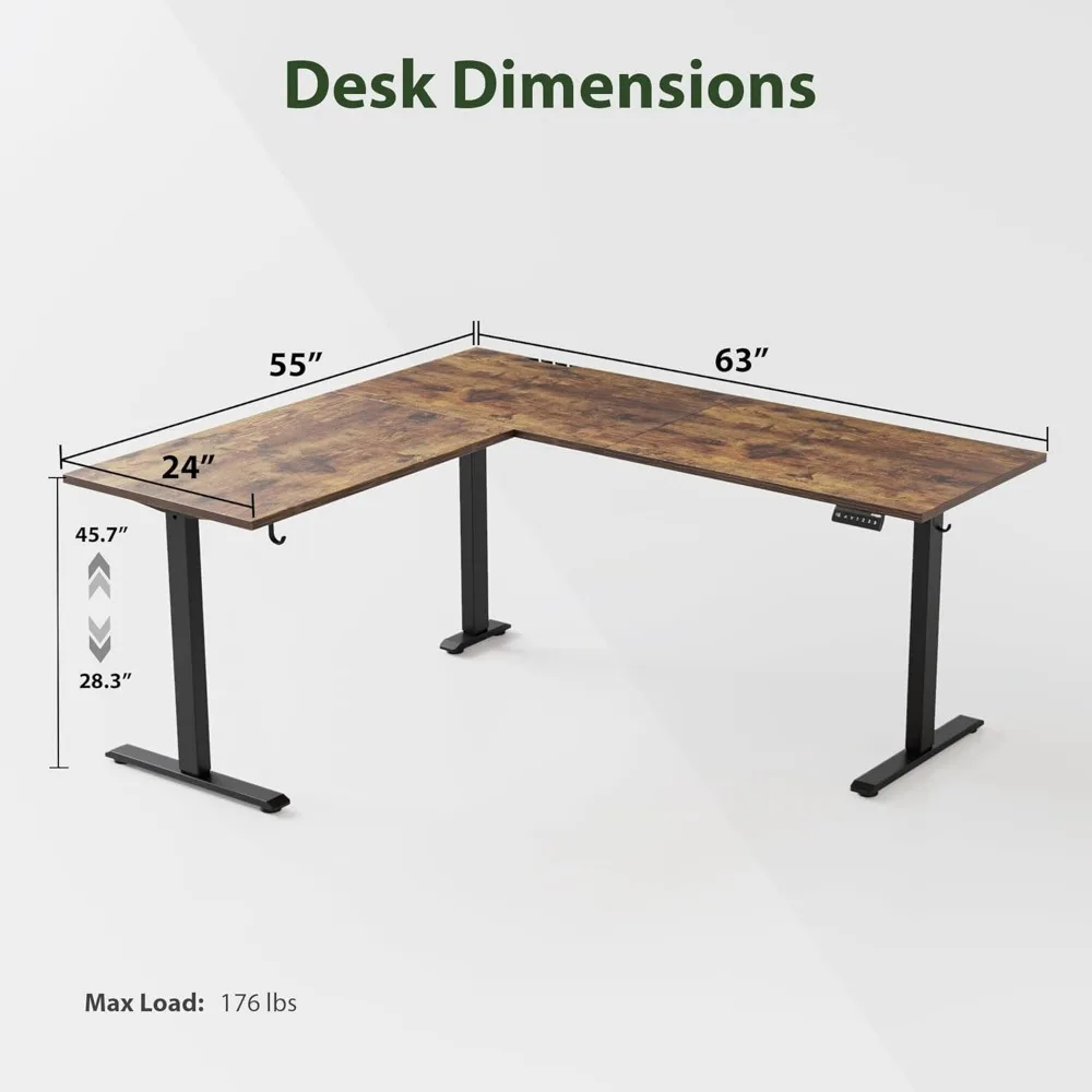 L Shaped Standing Desk Adjustable Height,63 X 55 Inch Sit Stand Computer Table with Splice Board, Rustic Brown