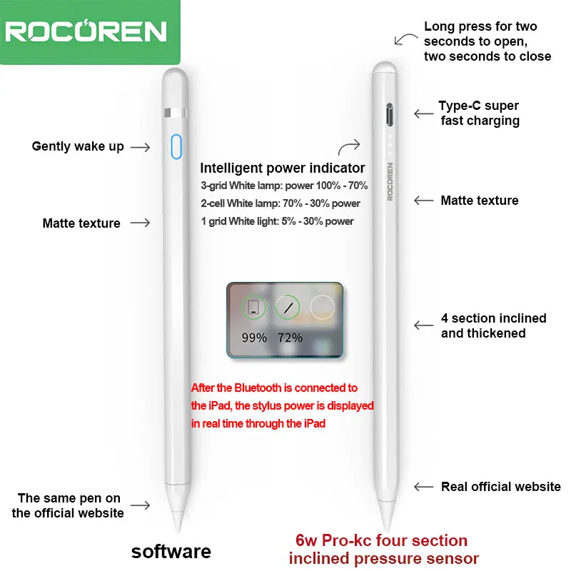 Rocoren Stylus For iPad Pro Air Mini For Apple Pencil Tilt Sensitive Palm Rejection Bluetooth Magnetic Suction Tablet Touch Pens