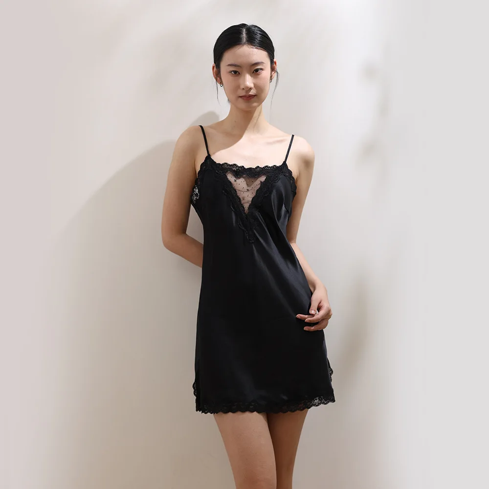 

19MM 100 Mulberry Silk See Through Lace Sexy Chemise Sleepdress Women Black Pajama Lingerie Sling Nightgown for Romantic Nights