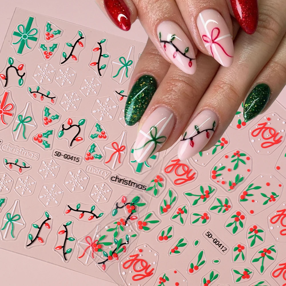 

1Pcs 5D Joy Christmas Holly Leaf Snowflake Nail Sticker Cute Red Green Xmas Bow Color Light Nail Decals Winter New Year Nail Dec