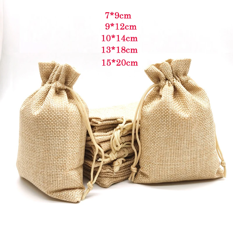 

50/100Pcs Natural Linen Burlap Bag Jute Gift Bag Drawstring Gift Bags With Handles Gift Packaging Party Favor Candy Bags