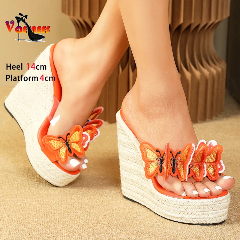 Ladies Wedges Slippers Hemp rope textile bottom Woman Platform Sandals Fashion Butterfly 14CM Summer Shoes For Women High Heels