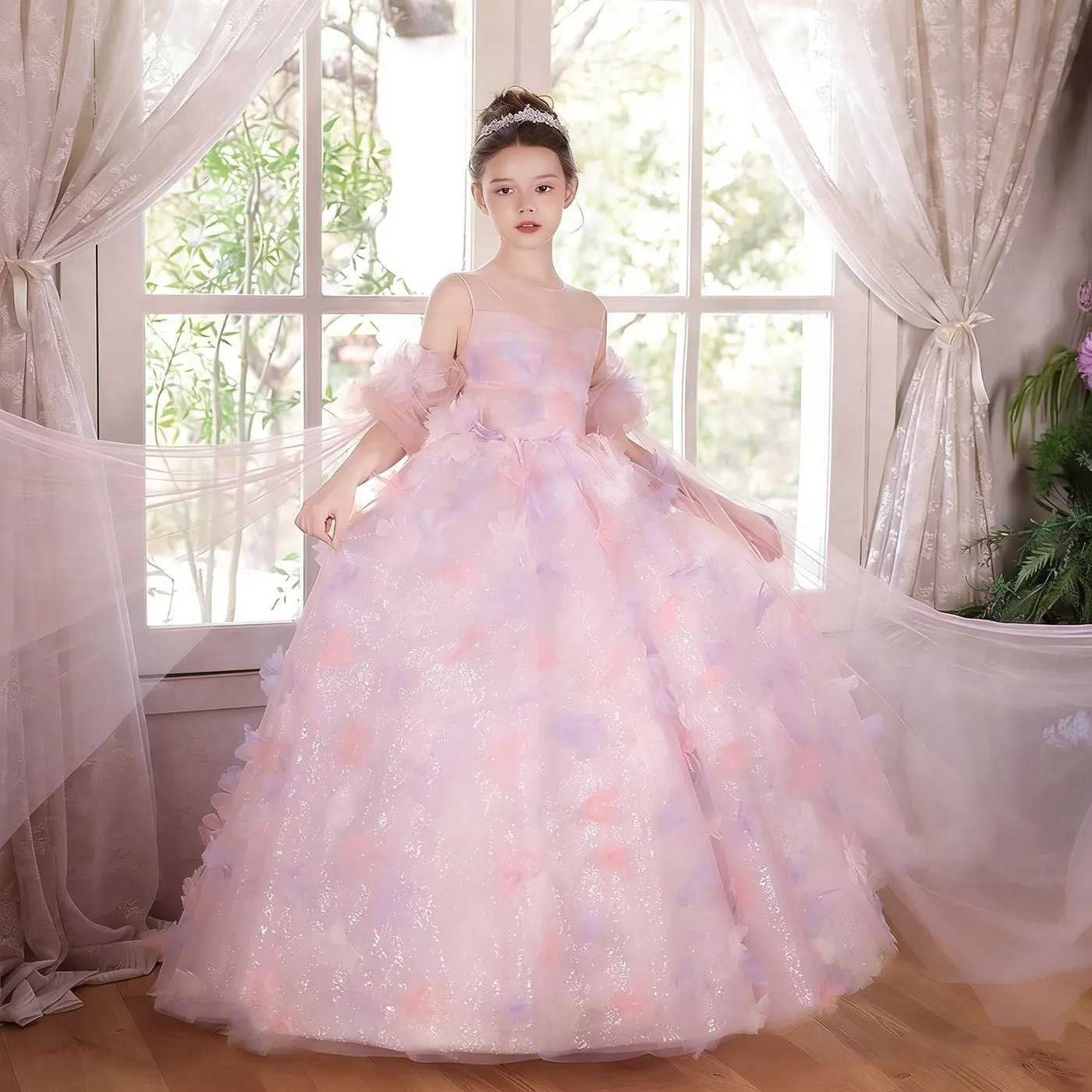 Jill Wish J033 Dreamy Girls Flower Girl Dresses Sequin 3D Flowers Pink Gradient Kids Wedding Party Gown Princess Pageant