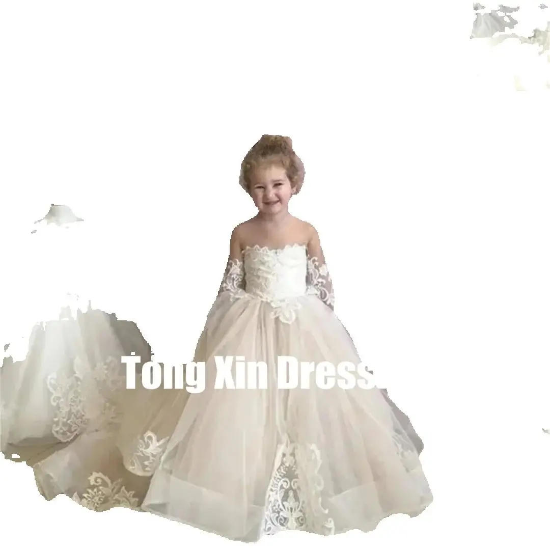 Maßgeschneiderte Hochzeit Spitze Länge A-Linie Schleife Blumenmädchenkleider für Applikationen Boden Kinder Geburtstag Party Brautjungfer Erstkommunion