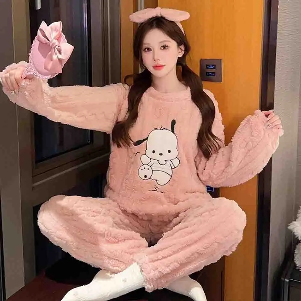 Hello Kitty Women's Embroidered Velvet Pajama Set Long Sleeve Top and Matching Pants Comfortable Winter Pajama Home Clothes Set - view 5