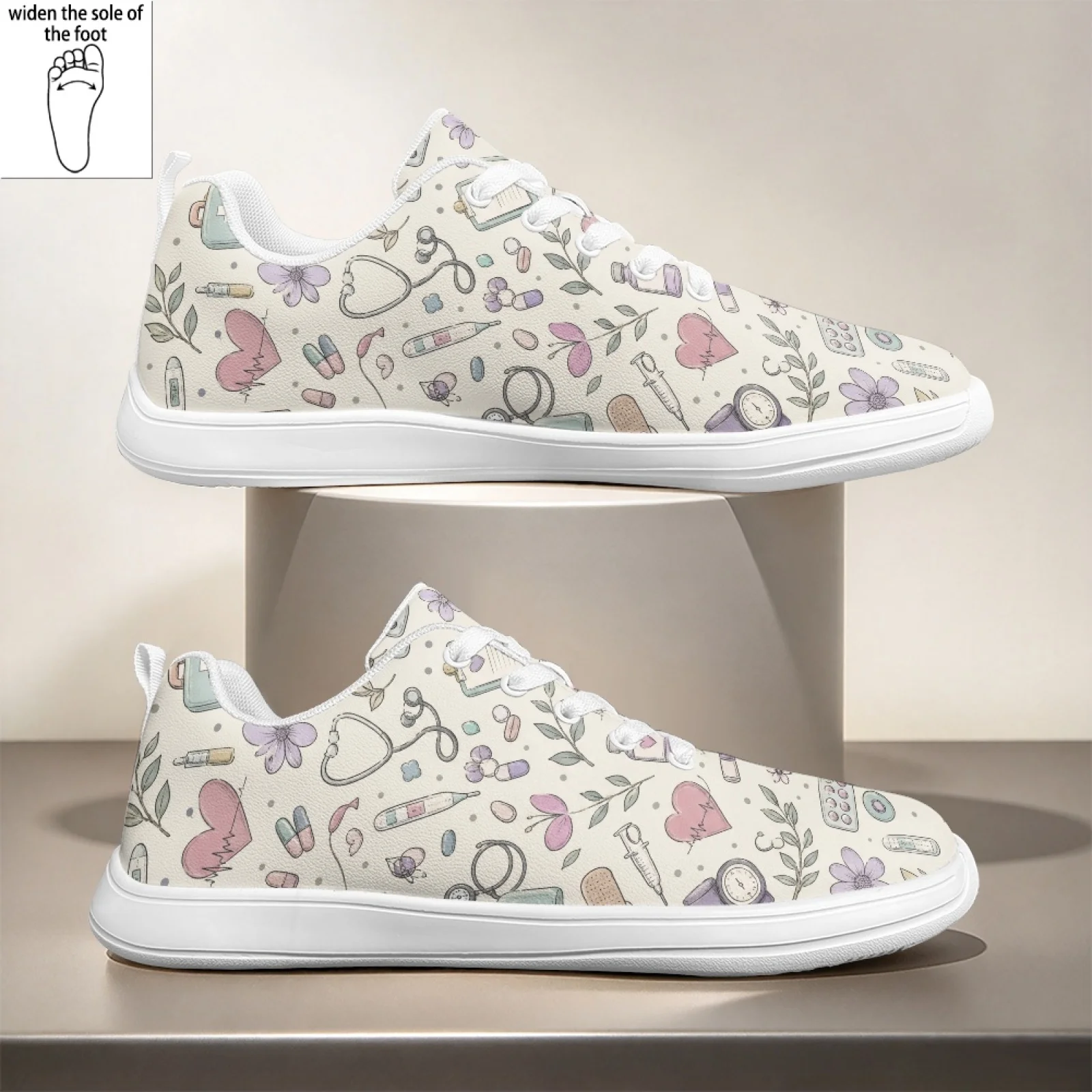PENSTROLL PU Wipeable Nursing Shoes Wide Width Work Sneakers for Women Standing Nurse Floral Medical Pattern