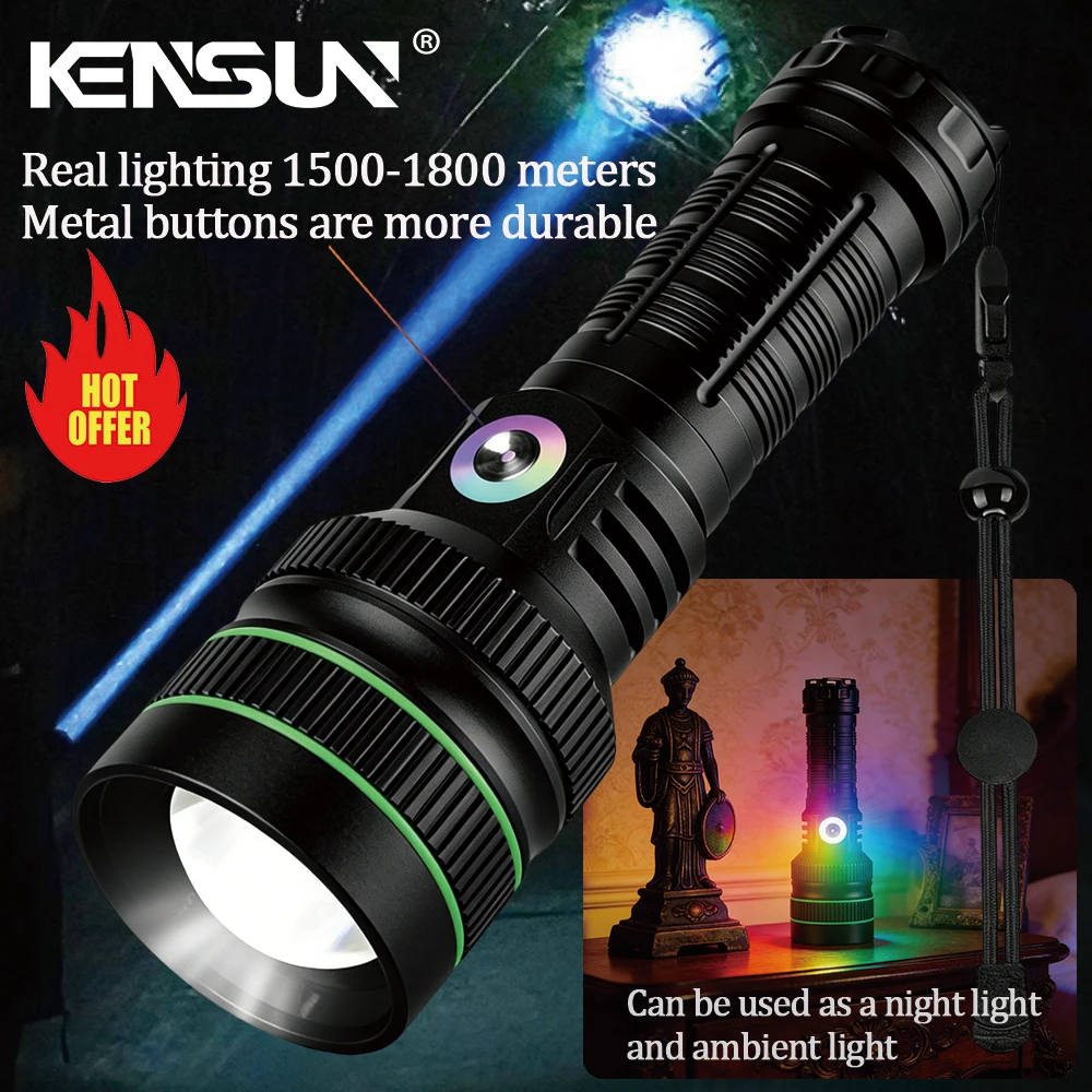 kensun-ベストセラー-1000メートル照射距離-超高輝度ハイパワーled懐中電灯、金属ボタン防水戦術懐中電灯