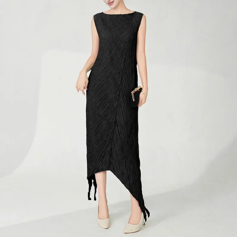 ALSEY 三宅不規則なプリーツ固体女性のドレス 2025 夏波ラウンドネックノースリーブルーズウエストファッション A ラインドレス