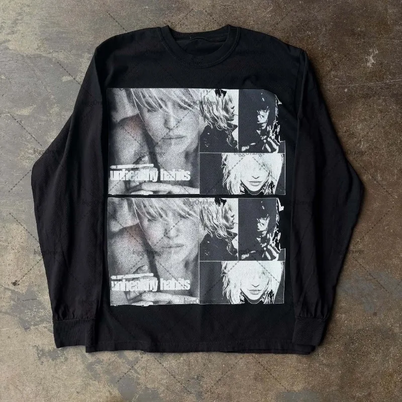 

Trendy Harajuku Hip-hop Streetwear Long Sleeves Loose Round Neck Top Men New Casual Hip-hop Y2K Gothic Vintage Oversized T-shirt