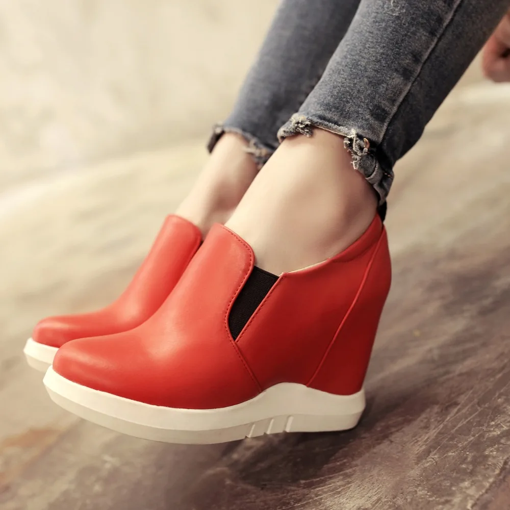 Zapatillas de deporte con plataforma oculta para mujer, zapatos informales con plataforma, tacones de cuña cómodos, color rojo y blanco