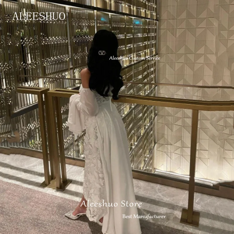 Aleeshuo Elegant Arabia Dubai A-Line Prom Dresses Off The Shoulder Long Sleeves Evening Dress Lace Appliques Formal Occasions