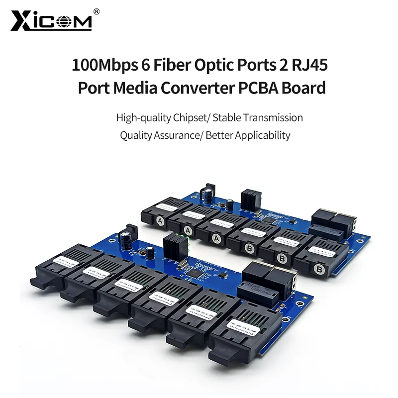 

10pcs 10/100M Ethernet Fiber Switch Media Converter 20km Single Mode 6*155M Fiber 2 RJ45 PCBA Mother Board SC Optic Transceiver