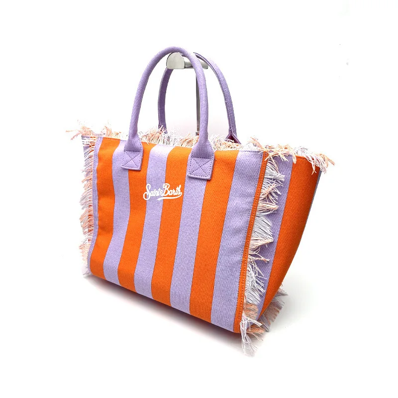 Bolsa listrada vertical laranja e roxa, bolsa feminina de grande capacidade lona Tassel Design, bolsa com zíper, nova