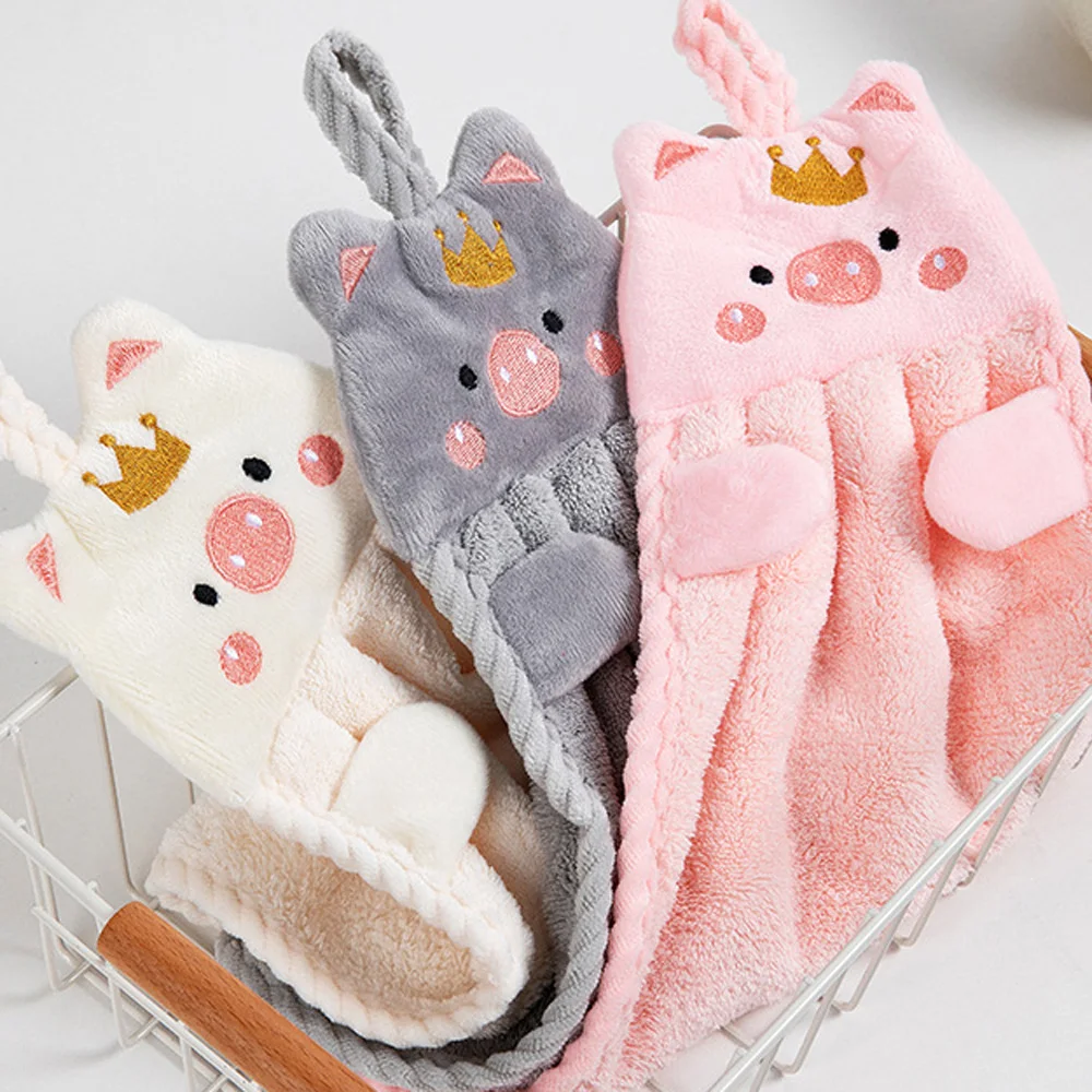 1Pcs Kawaii Piggy Hand Towel Hangable Absorbent Hand Wiping Cloth Cartoon Crown Porket Soft Towel Kitchen Bathroom Supplies