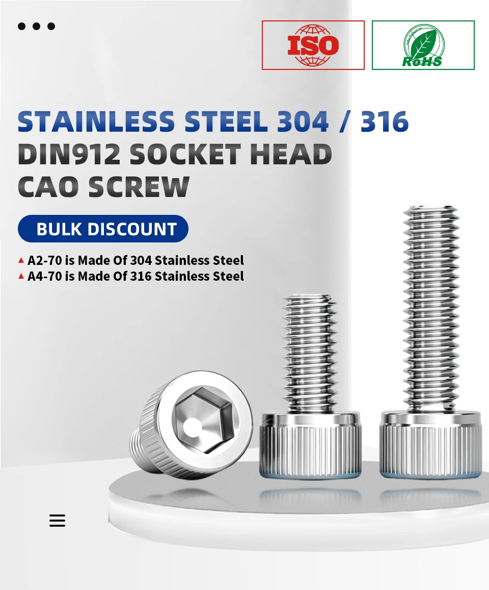 DIN912 A2-70 A4-70 304 & 316 Edelstahl Innensechskantschrauben Befestigungselemente M2 M2.5 M3 M4 M5 M6 M8 M10 – Detail 1