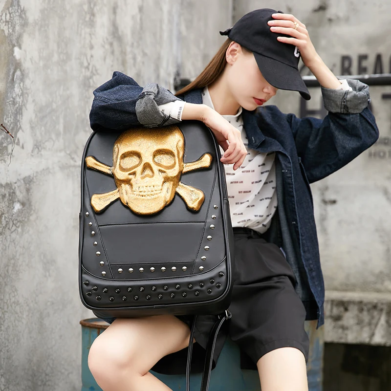 

Annmouler Luxury Design Women Backpack Unisex Punk Style Travel Bag 2022 Leather Bagpack Skull Men mochila Skeleton Bag Bolsa
