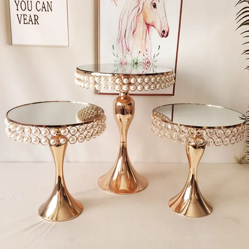 Cake Stand Round Metal Dessert Display Cupcake Wedding Party Birthday Cup Pearl Crystal Mirror Gold Pedestal Set Event Supply