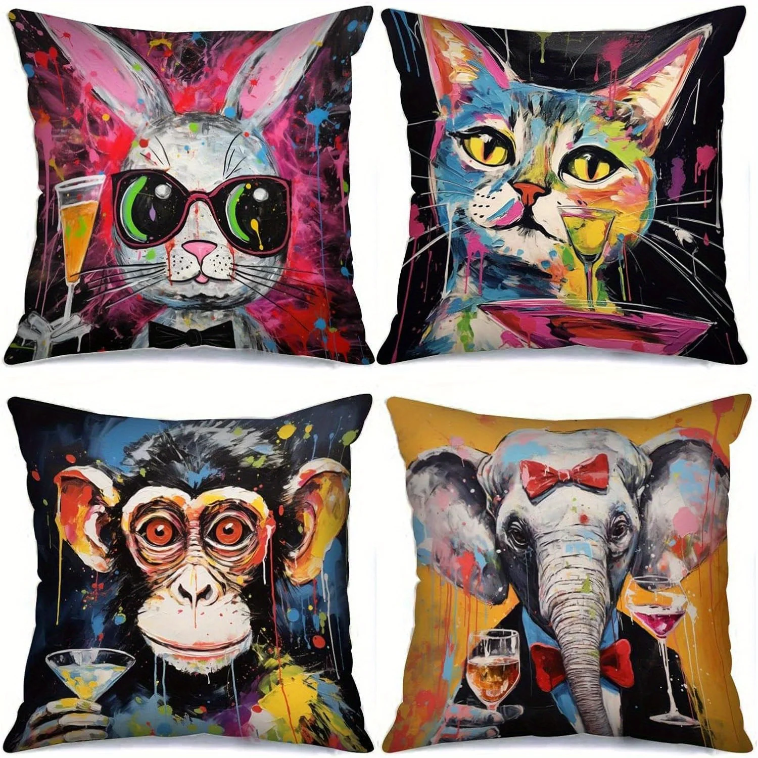 Cool Street Art Animal Throw Pillow Covers, Pop Art Bunny Cat Monkey Elephant Print Cushion Cases, Funky Home Decor Living Room