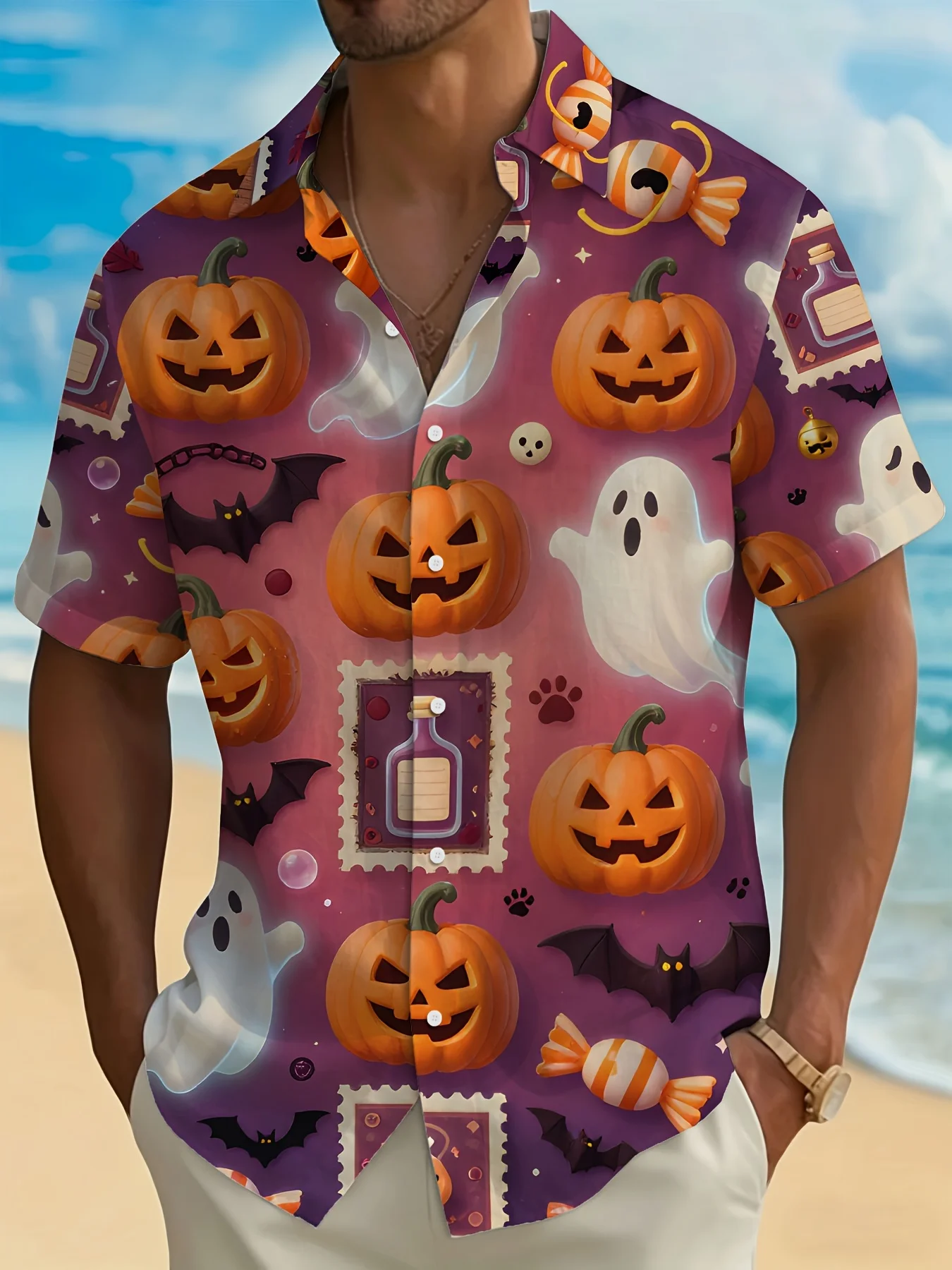 Men's Hawaiian Short Sleeve Shirt Vintage Fashion Halloween Pumpkin Ghost Print Turn Down Collar Casual Holiday Top Men Clothing
