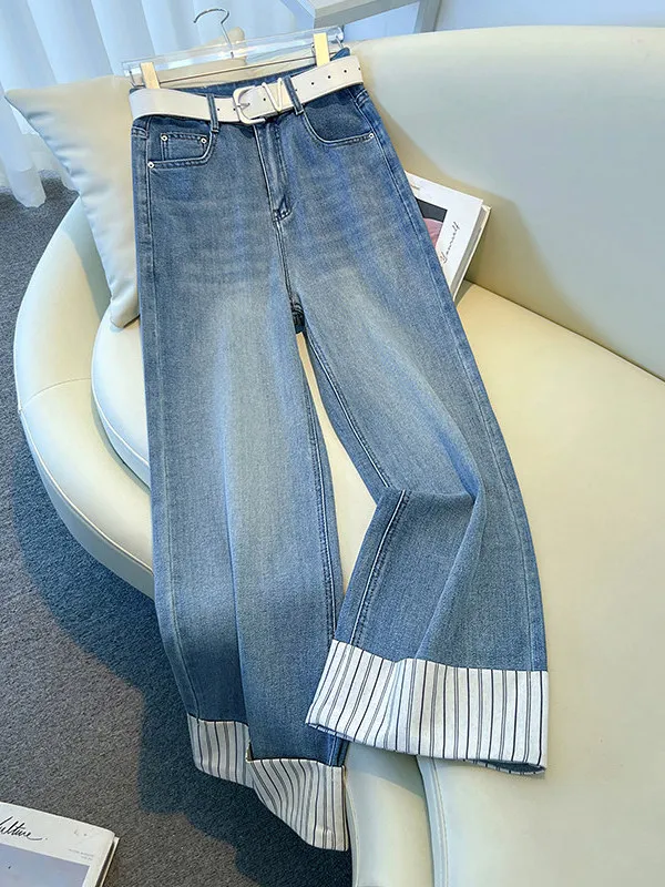 High Waist Wide Leg Denim Jeans Women's Spring 2026 New Style Summer Trendy Striped Drapey Straight Cut Pants Cuffed 