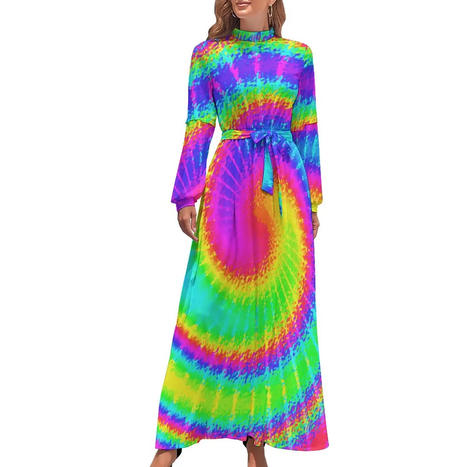 Hippy Psychedelic Dress Retro 70s Tie Dye Aesthetic Bohemia Dresses Female Long-Sleeve High Neck Cute Long Maxi Dress