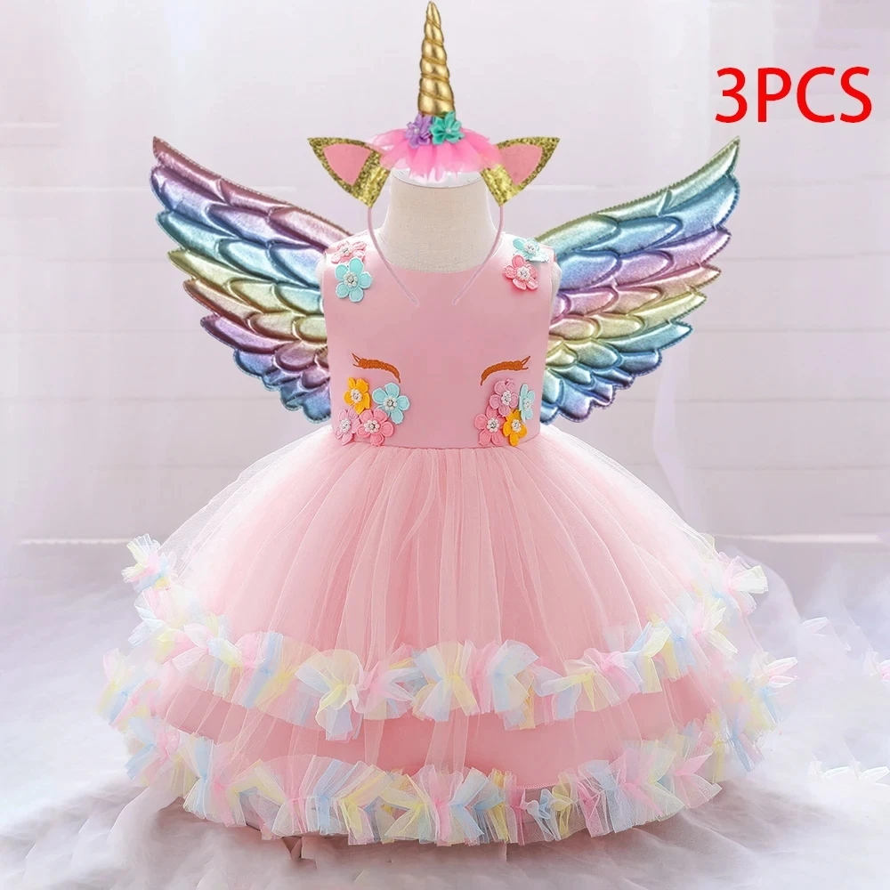 

Colorful Unicorn Baby Girls Party Dress Toddler Infant Flower Tulle 1st Birthday Baptism Kids Dresses For Girl Wedding Gown