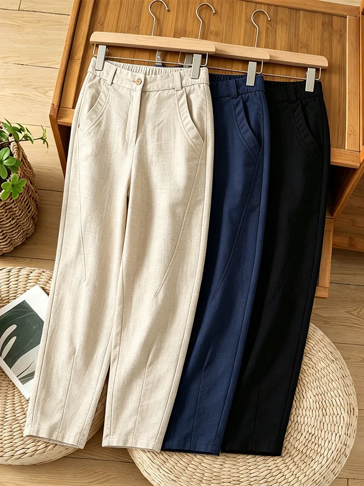 

New 2026 Loose Cotton Linen Casual Harem Pants plus Size Women's Fashion Slimming Nine Point Carrot Pants Ladies' Summer Wear