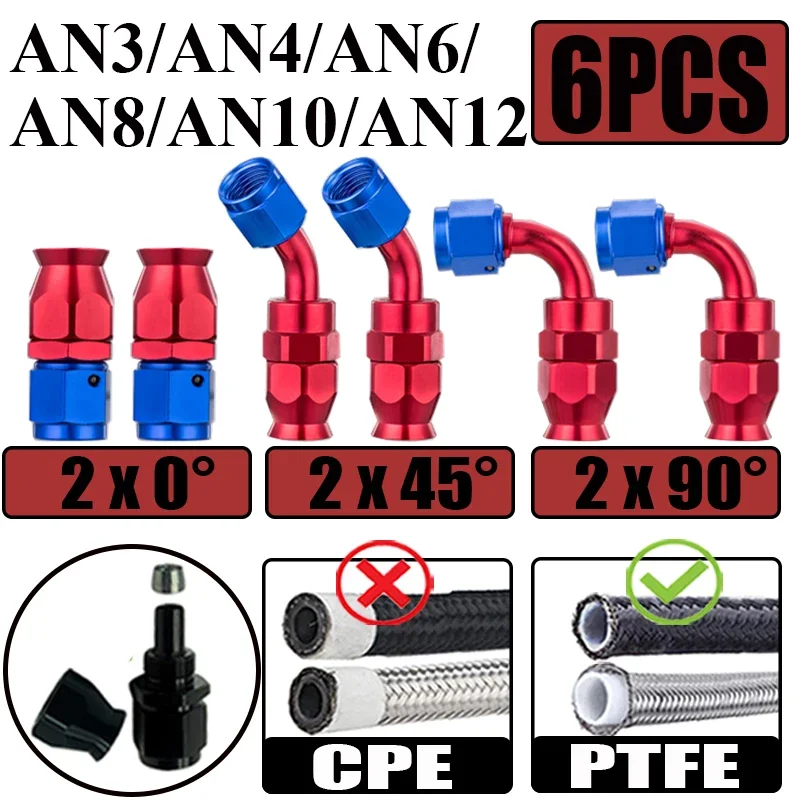 

6 шт./компл. 3AN 4AN 6AN 8AN 10AN 12AN 2x0 ° 2x45 ° 2x90 ° Поворотный адаптер конца шланга для PTFE E85, мазут, топливный газ, труба