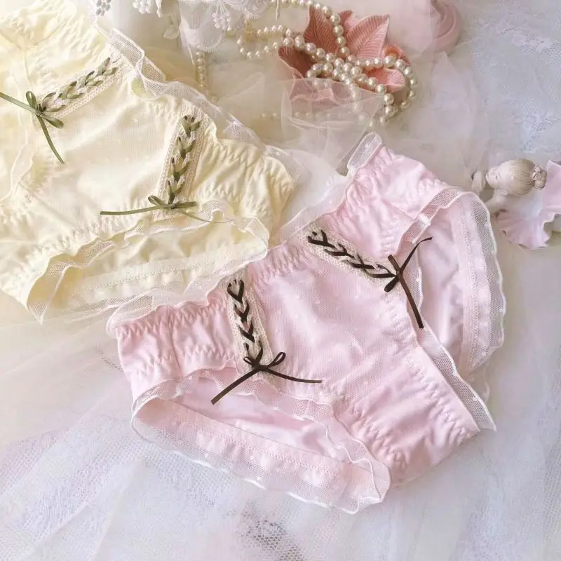 Women Cotton Mesh Dot Ruffles Ribbon Underwear Princess Style Cute Lovely Sweety Panties Breathable Elasticity Lolita Breifs