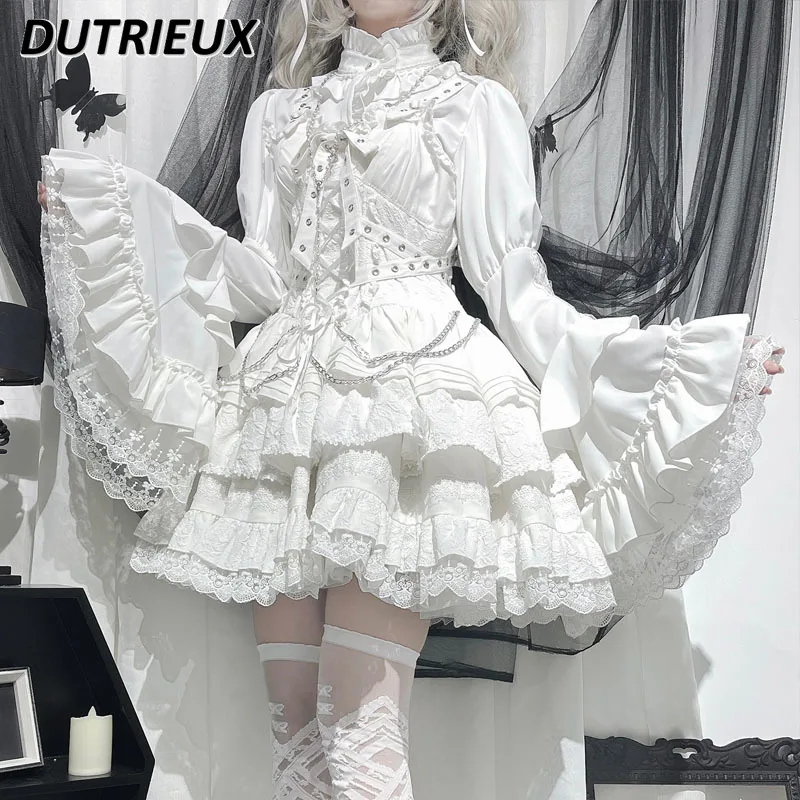 Japanese Lolita Inner Stand-up Collar Solid Color Top Gothic Long-sleeved Sweet Girls Single-breasted Slim-fit Versatile Shirt