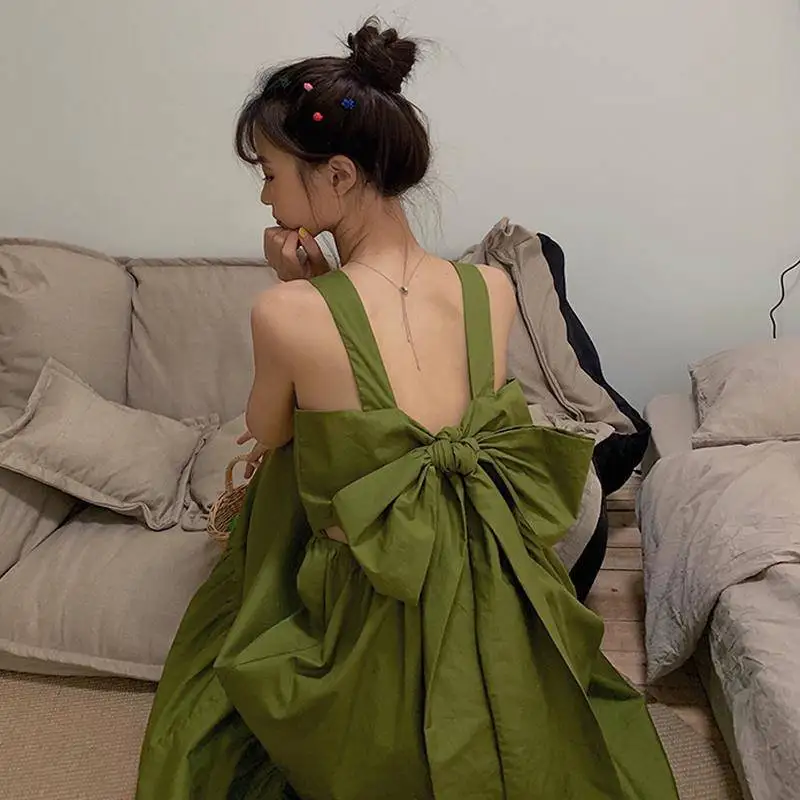 Women's Lazy Style Bow Patchwork Loose Y2K Long Dress Sleeveless Backless Solid Fashion Midi Dress Sexy High Street Clothing