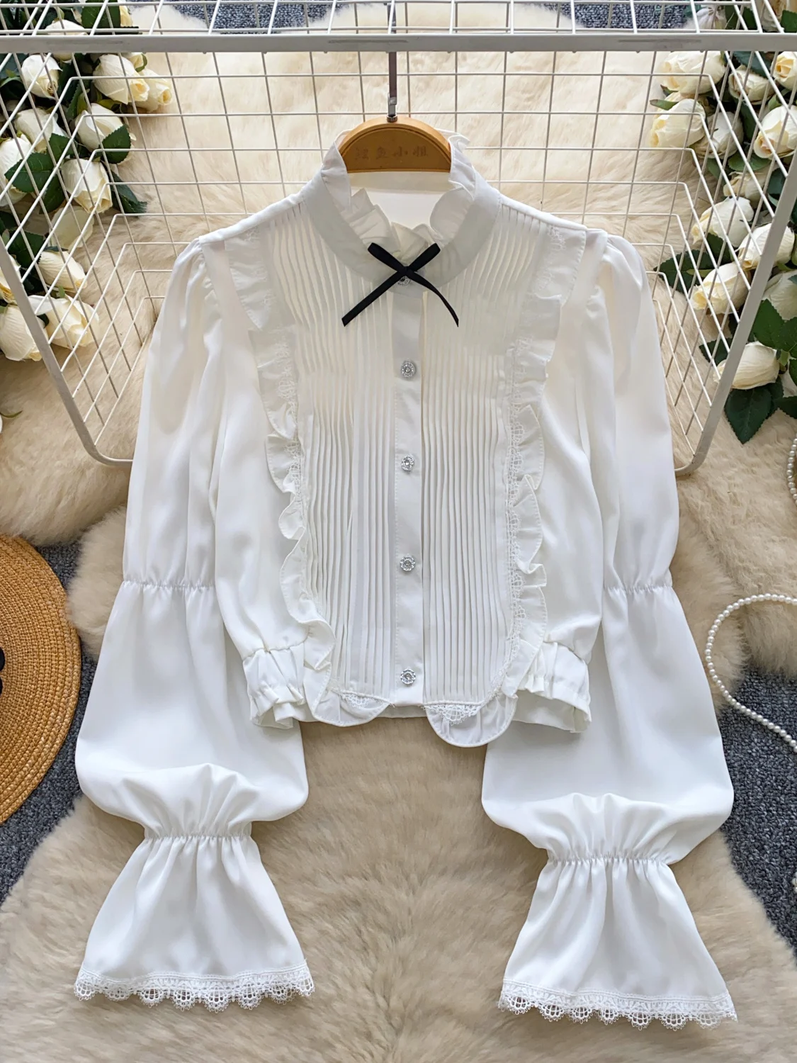 

Ele Color Blo Long Sve irt Женский модный воротник-стойка с узлом, деревянный лоскутный универсальный шикарный топ