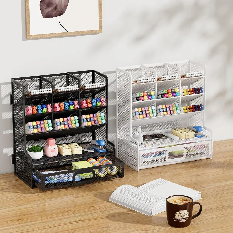 منظم مكتب شبكي أكبر مع درج حامل أقلام رصاص متعدد الوظائف، منظمات مكتب سهلة التجميع وملحقاتها للمكتب