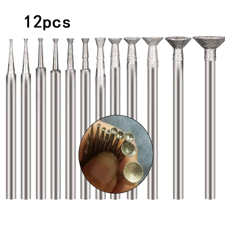 12Pcs Diamond Grinding Head Mounted Points 2.35mm Shank Spherical Concave Jade Carving Burrs for Dremel Rotary Tools