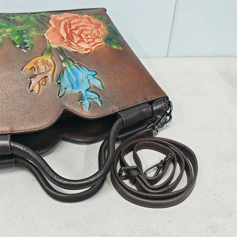 Vintage Women Handbag Genuine Leather Tote Bag 3D Floral Real Cow Leather Shoulder Ladies Cowhide Messenger Bags