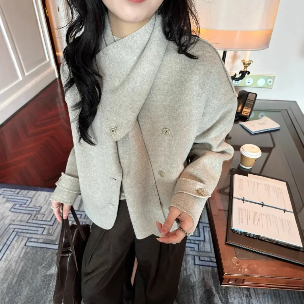 2024 Autumn and Winter Korean Style Minimalist Design Double-sided Nylon Short Jacket Scarf with Loose Buckle for Women